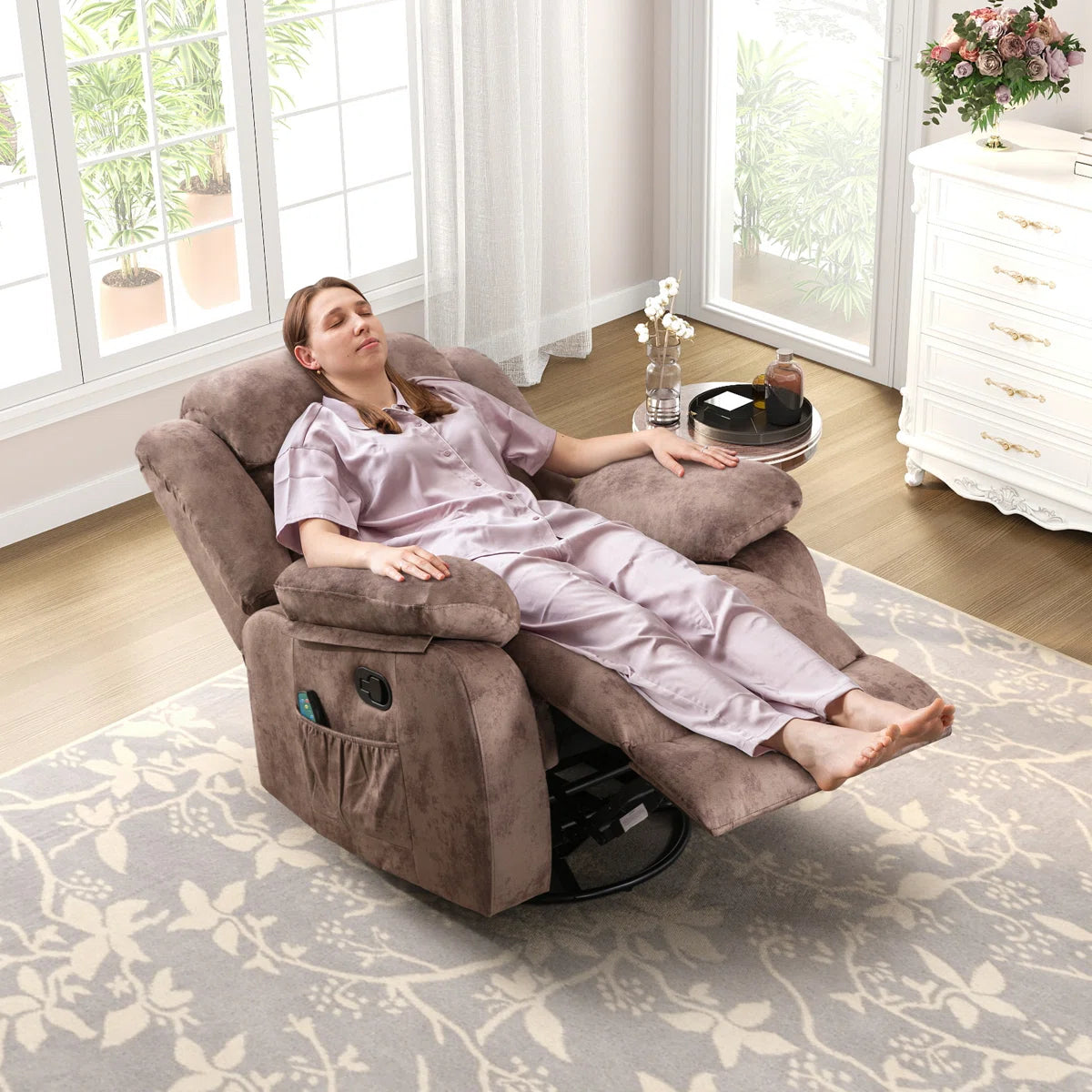 🔥 CLEARANCE SALE — 37.4" Wide Contemporary Compact Microfiber Swivel Rocker Manual Recliner Chair with Heat and Massage