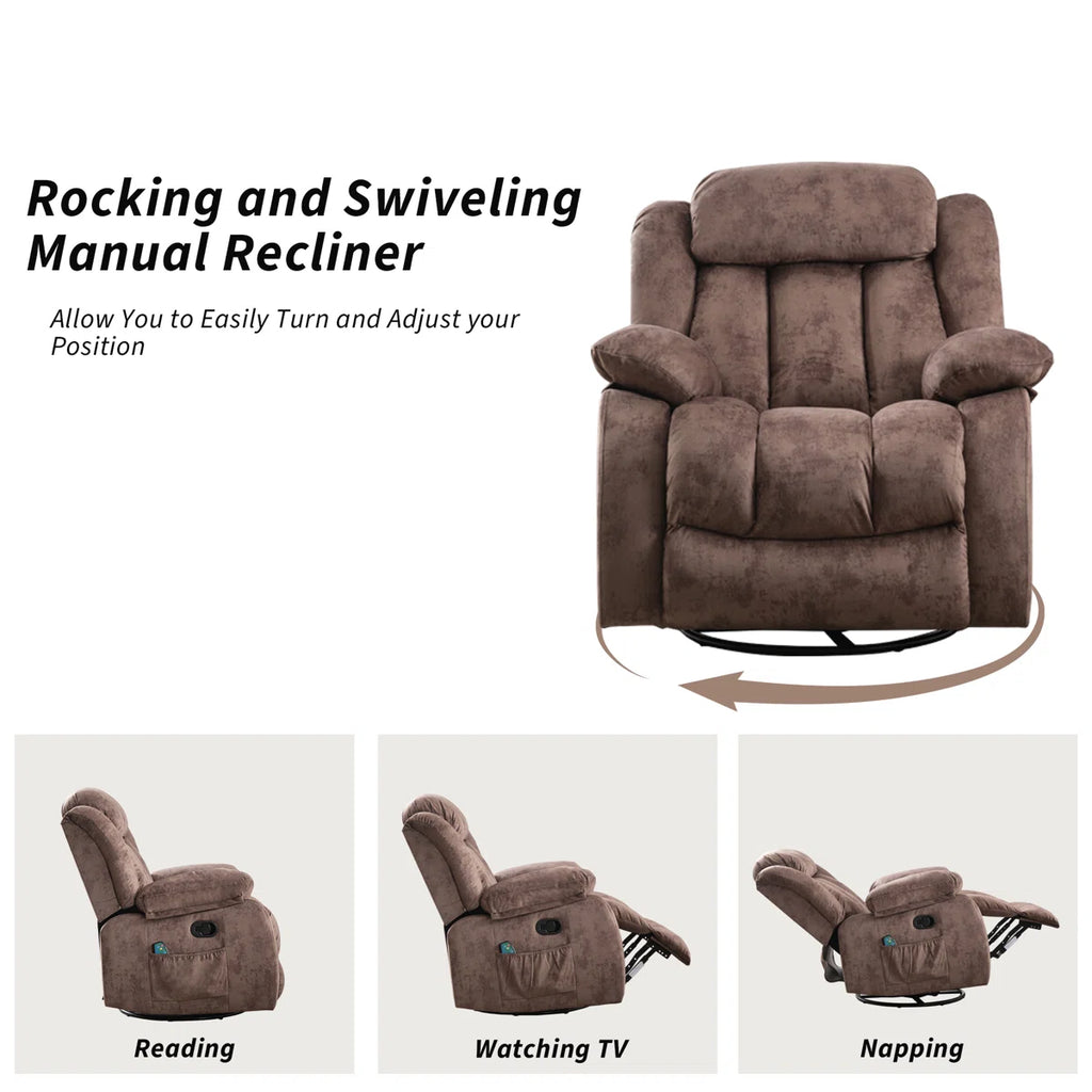 🔥 CLEARANCE SALE — 37.4" Wide Contemporary Compact Microfiber Swivel Rocker Manual Recliner Chair with Heat and Massage