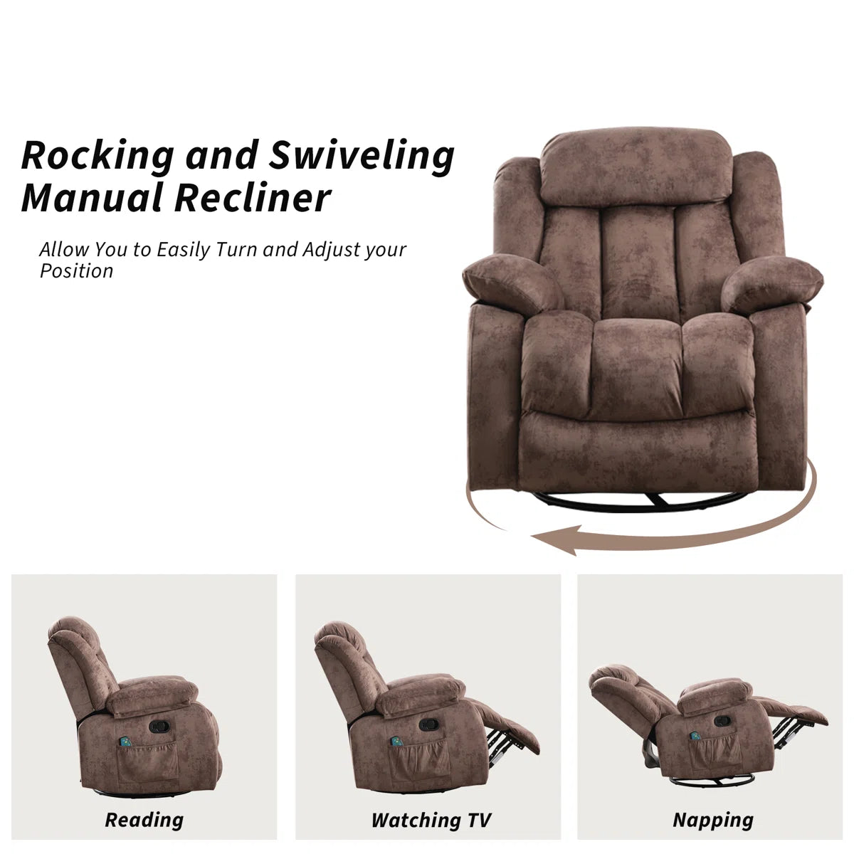 🔥 CLEARANCE SALE — 37.4" Wide Contemporary Compact Microfiber Swivel Rocker Manual Recliner Chair with Heat and Massage