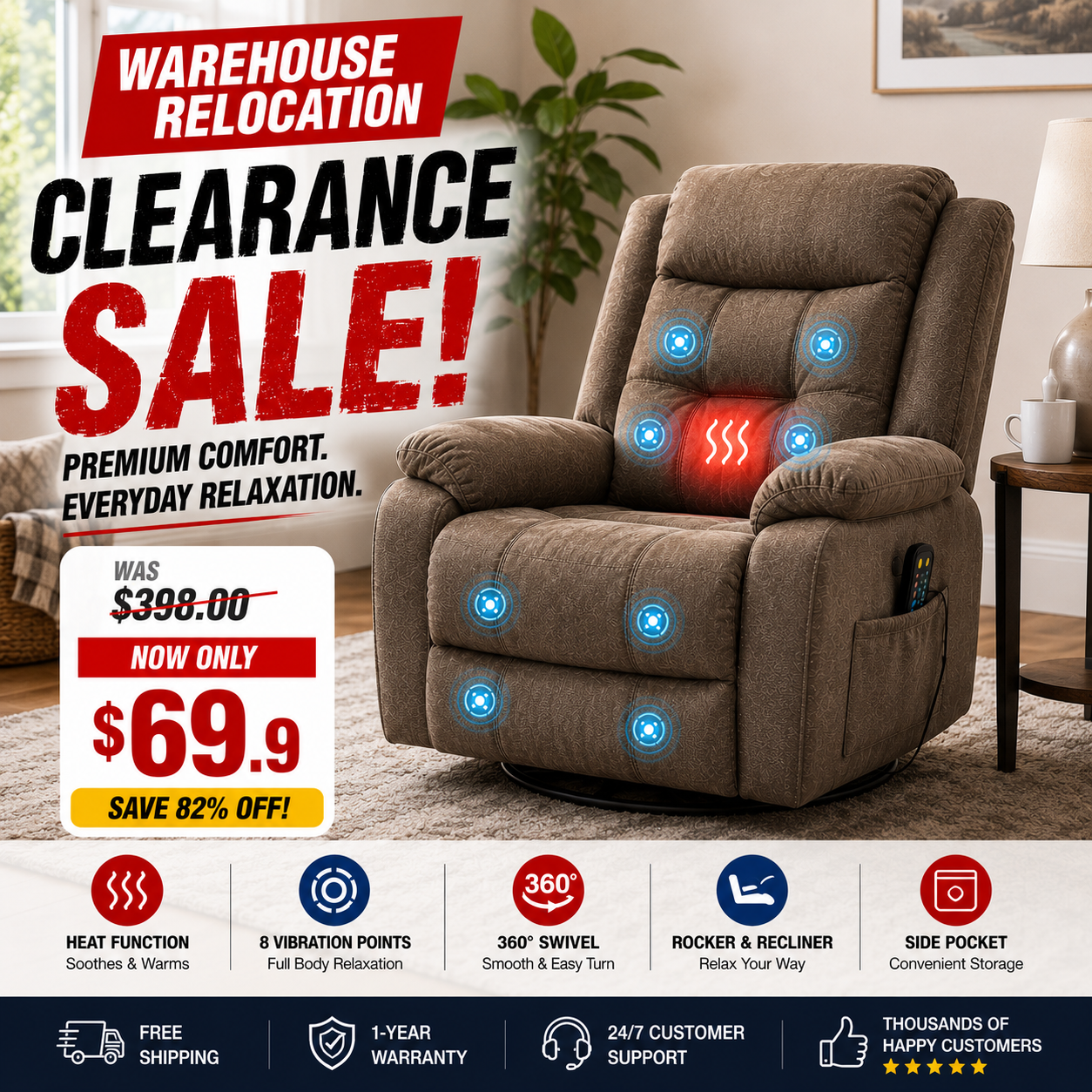 🔥 CLEARANCE SALE — 37.4" Wide Contemporary Compact Microfiber Swivel Rocker Manual Recliner Chair with Heat and Massage