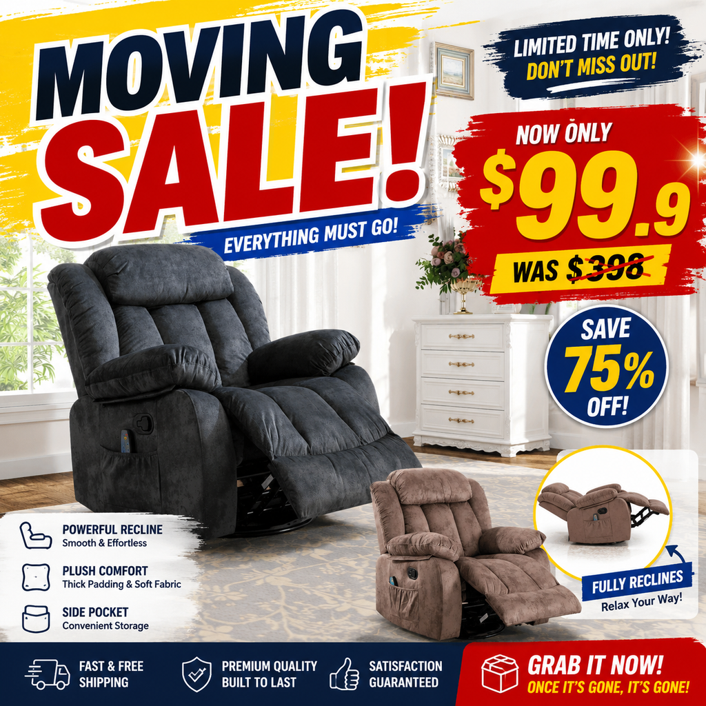 🔥 CLEARANCE SALE — 37.4" Wide Contemporary Compact Microfiber Swivel Rocker Manual Recliner Chair with Heat and Massage