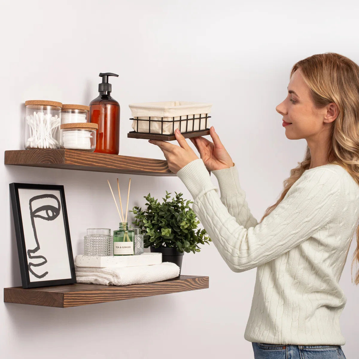 Solid Wood Floating Shelves, Wooden Shelves for Wall Storage (Set of 2)