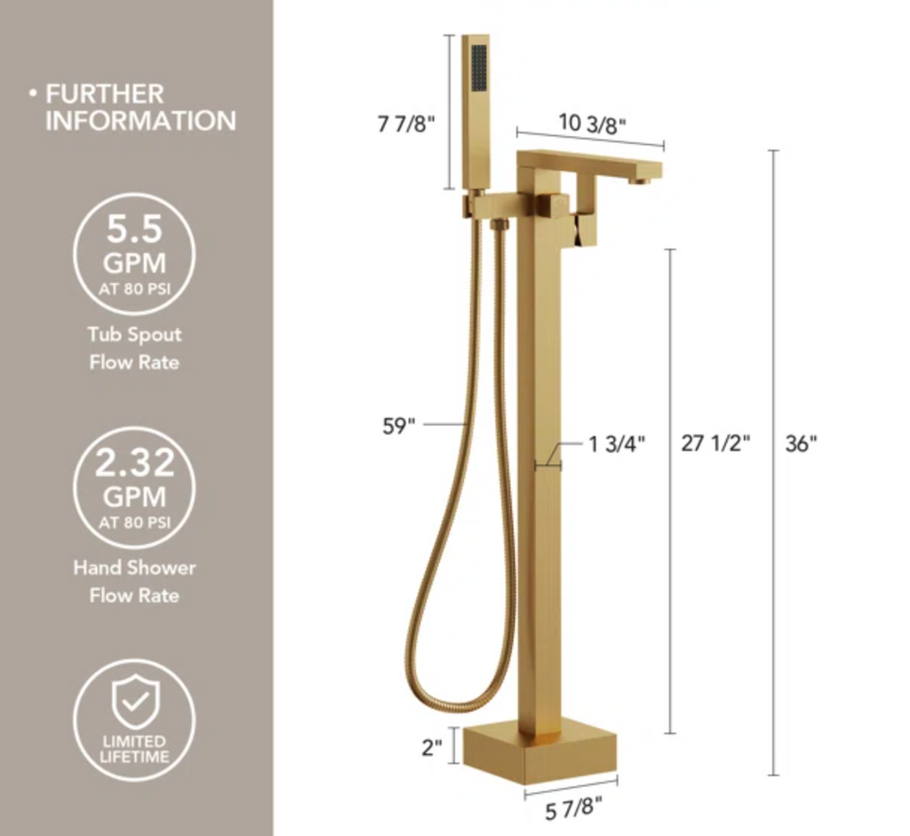 Freestanding Bathtub Faucet with 360° Swivel Spout, Single Handle Tub Filler With Hand Shower, Modern Gold Floor-Mount Tub Faucet Set with Valve