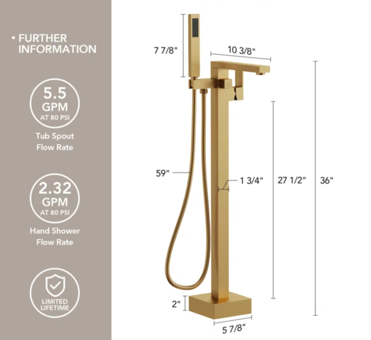 Freestanding Bathtub Faucet with 360° Swivel Spout, Single Handle Tub Filler With Hand Shower, Modern Gold Floor-Mount Tub Faucet Set with Valve
