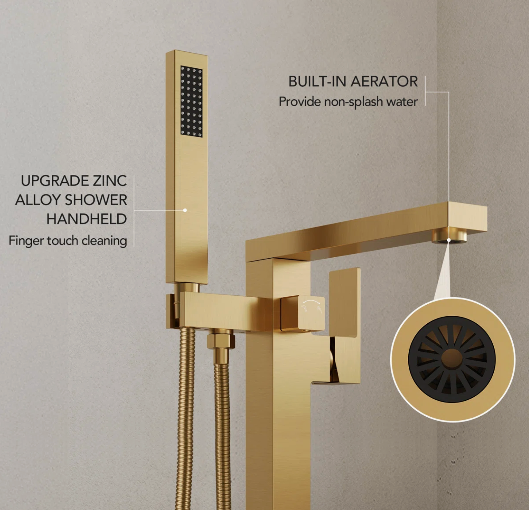 Freestanding Bathtub Faucet with 360° Swivel Spout, Single Handle Tub Filler With Hand Shower, Modern Gold Floor-Mount Tub Faucet Set with Valve