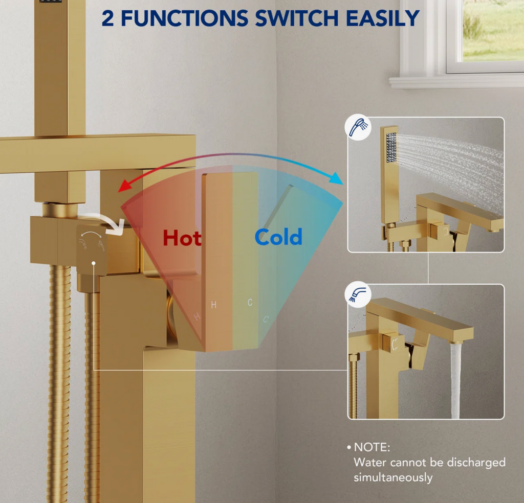 Freestanding Bathtub Faucet with 360° Swivel Spout, Single Handle Tub Filler With Hand Shower, Modern Gold Floor-Mount Tub Faucet Set with Valve