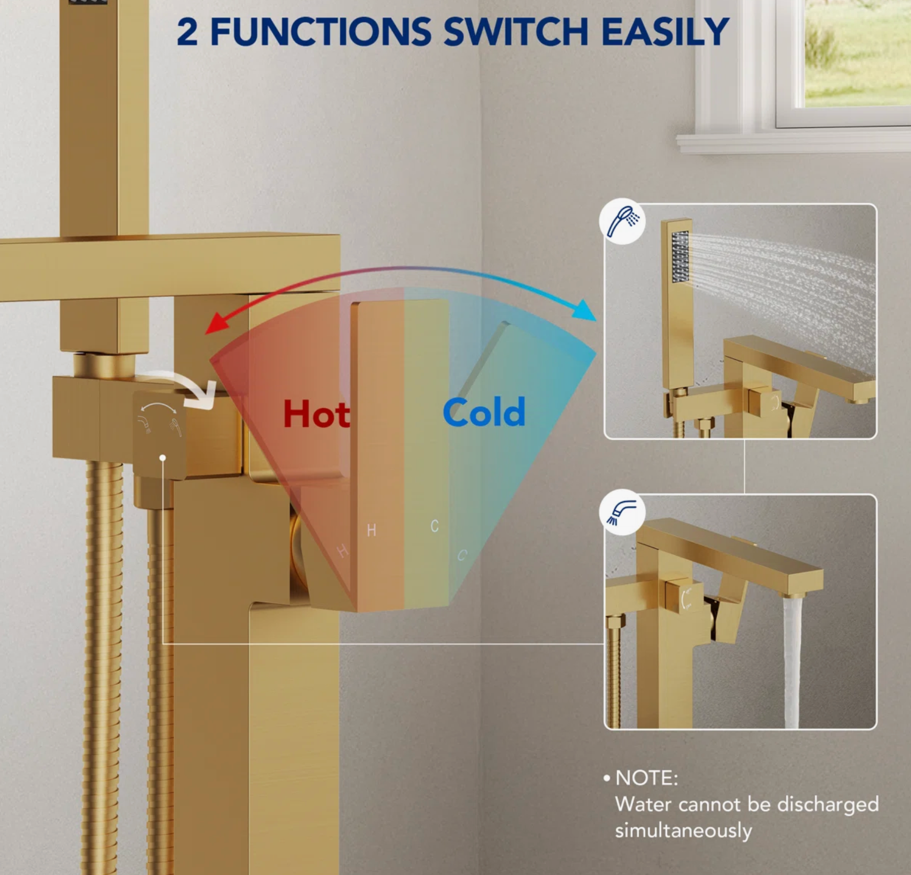 Freestanding Bathtub Faucet with 360° Swivel Spout, Single Handle Tub Filler With Hand Shower, Modern Gold Floor-Mount Tub Faucet Set with Valve
