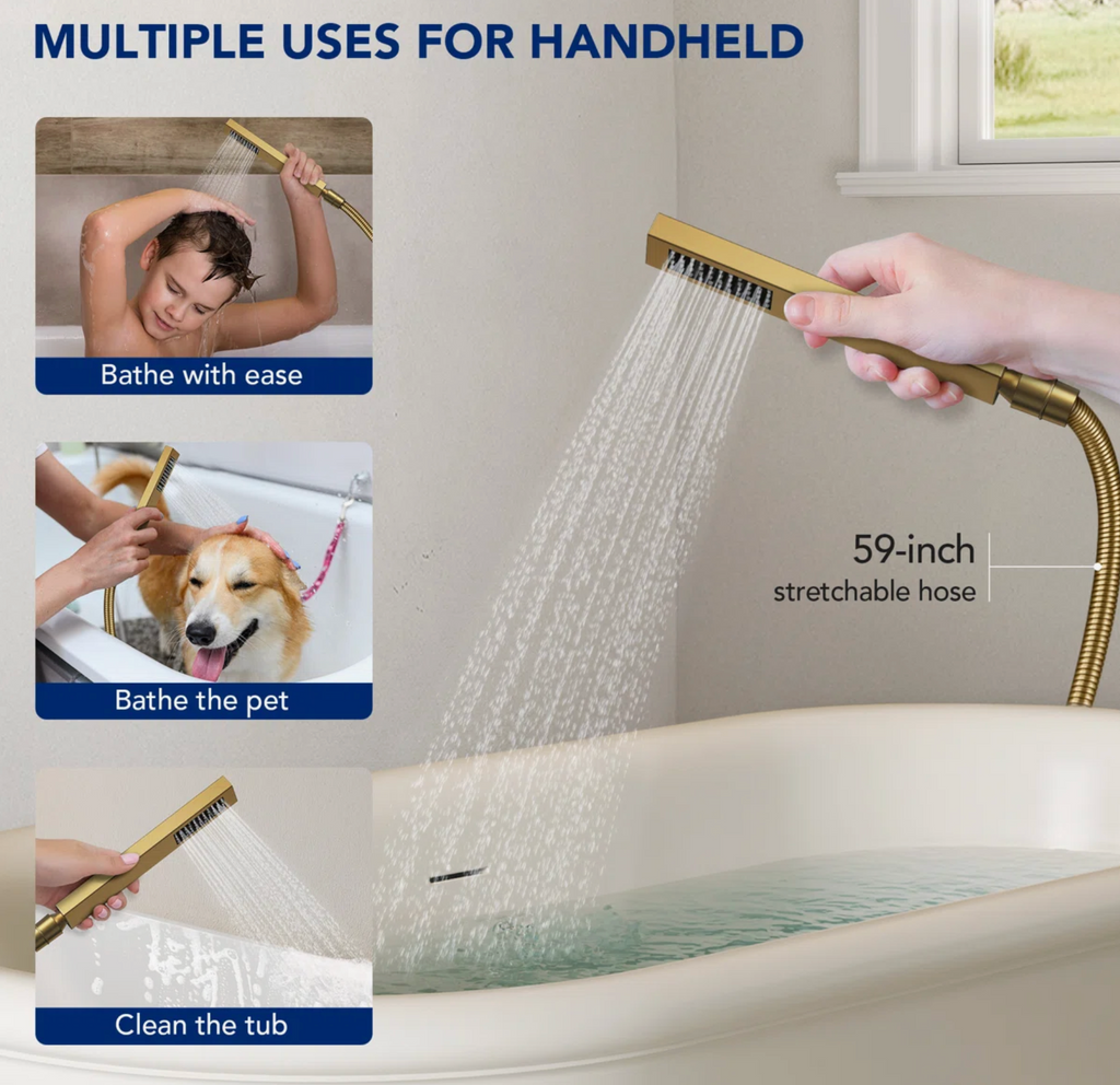 Freestanding Bathtub Faucet with 360° Swivel Spout, Single Handle Tub Filler With Hand Shower, Modern Gold Floor-Mount Tub Faucet Set with Valve