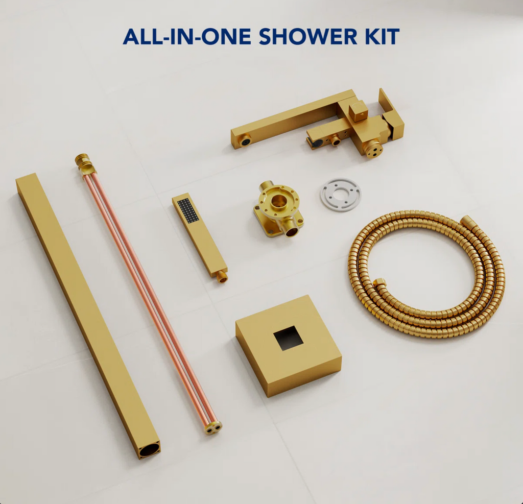 Freestanding Bathtub Faucet with 360° Swivel Spout, Single Handle Tub Filler With Hand Shower, Modern Gold Floor-Mount Tub Faucet Set with Valve