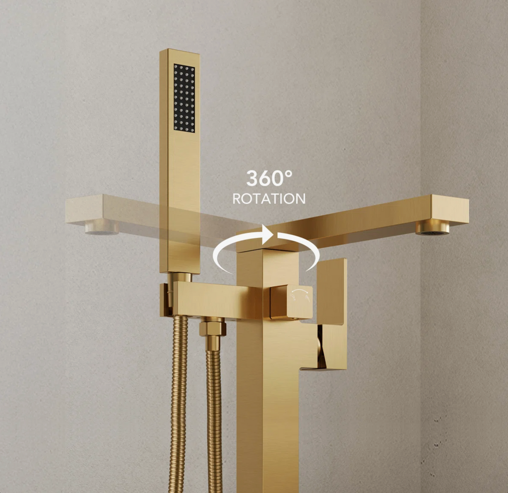 Freestanding Bathtub Faucet with 360° Swivel Spout, Single Handle Tub Filler With Hand Shower, Modern Gold Floor-Mount Tub Faucet Set with Valve