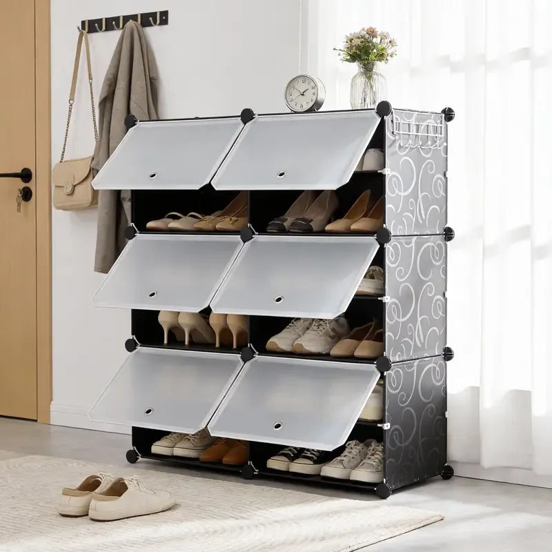 Today Only: $39｜6/8-tier shoe cabinet, 24/32-tier capacity, with side hooks, sturdy metal frame, and black and white plastic panel shelves. Suitable for entryways, living rooms, and walk-in closets