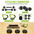 Adjustable Dumbbells(19-Piece Set), 44Lbs Free Weight Set with Connector, 4 In1 Weight Dumbbell Set Used As Kettlebells, Barbell, Push Up Stand, Fitness Exercise for Home Gym Suitable Men/Women,Green