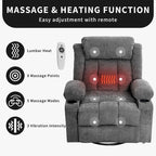 Power 360°Swivel Rocker Recliner Chair with Heat and Massage for Big and Tall Adults Oversized Electric Glider Reclining Chairs with Remote Control,Cup Holders,Side Pockets,USB Charge Port,Gray