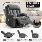 Power 360°Swivel Rocker Recliner Chair with Heat and Massage for Big and Tall Adults Oversized Electric Glider Reclining Chairs with Remote Control,Cup Holders,Side Pockets,USB Charge Port,Gray