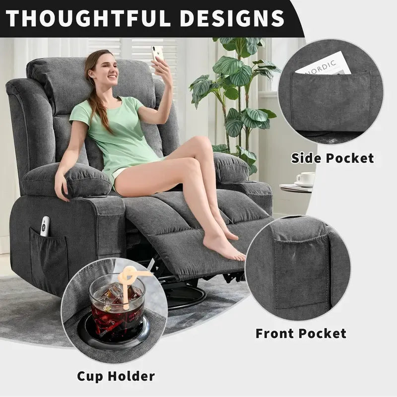 Power 360°Swivel Rocker Recliner Chair with Heat and Massage for Big and Tall Adults Oversized Electric Glider Reclining Chairs with Remote Control,Cup Holders,Side Pockets,USB Charge Port,Gray