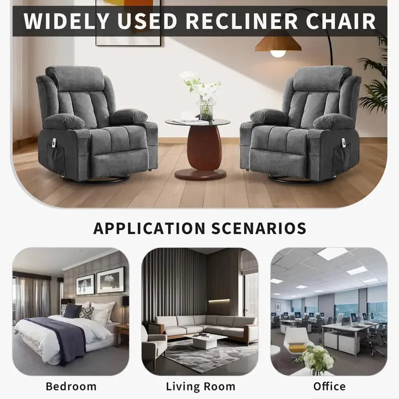Power 360°Swivel Rocker Recliner Chair with Heat and Massage for Big and Tall Adults Oversized Electric Glider Reclining Chairs with Remote Control,Cup Holders,Side Pockets,USB Charge Port,Gray