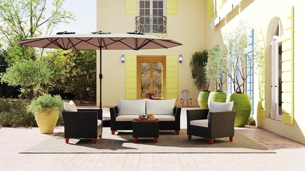 15/13Ft Solar Patio Umbrella with Base, Extra Large Outdoor Double-Sided Twin Umbrella with 36 LED Lights & Crank Handle for Garden, Deck, Poolside, Patio