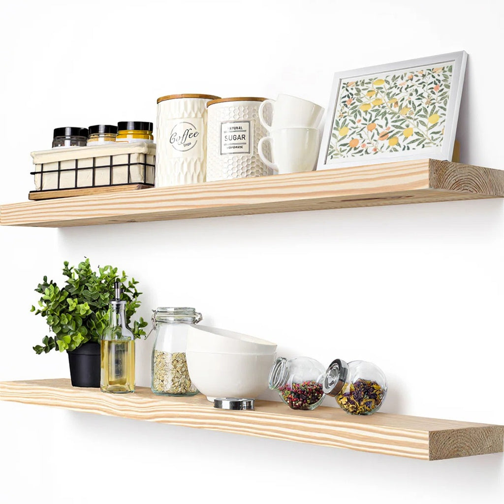 Solid Wood Floating Shelves, Wooden Shelves for Wall Storage (Set of 2)