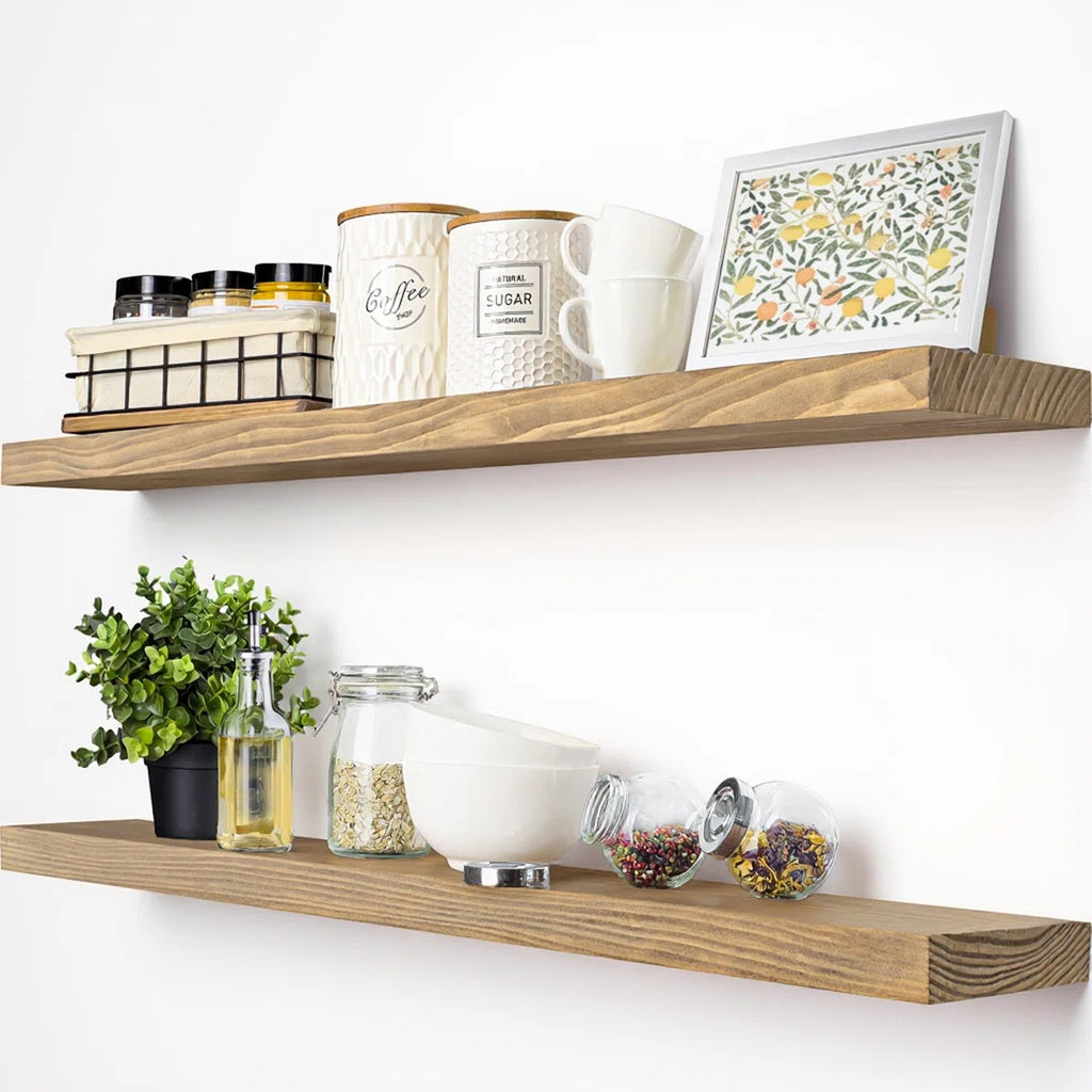 Solid Wood Floating Shelves, Wooden Shelves for Wall Storage (Set of 2)