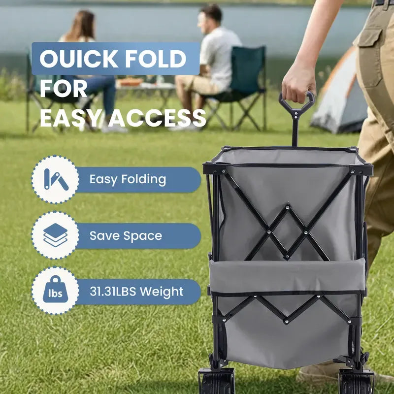 320L Outdoor Folding Double-Decker Wagon with Brakes, 440 lbs Capacity, Flexible Handle, All-Terrain Big Wheels, Compact Pack & Foldable Size for Grocery, Camping