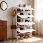Today Only: $39｜6/8-tier shoe cabinet, 24/32-tier capacity, with side hooks, sturdy metal frame, and black and white plastic panel shelves. Suitable for entryways, living rooms, and walk-in closets