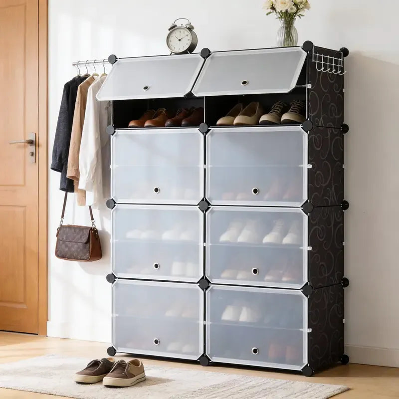 Today Only: $39｜6/8-tier shoe cabinet, 24/32-tier capacity, with side hooks, sturdy metal frame, and black and white plastic panel shelves. Suitable for entryways, living rooms, and walk-in closets
