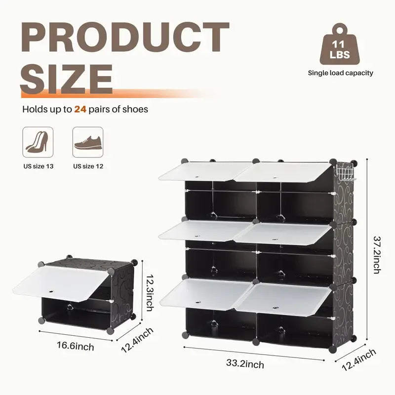 Today Only: $39｜6/8-tier shoe cabinet, 24/32-tier capacity, with side hooks, sturdy metal frame, and black and white plastic panel shelves. Suitable for entryways, living rooms, and walk-in closets