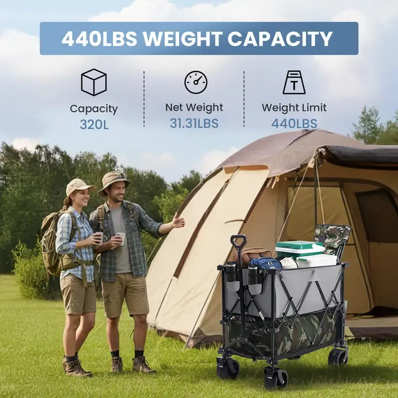 320L Outdoor Folding Double-Decker Wagon with Brakes, 440 lbs Capacity, Flexible Handle, All-Terrain Big Wheels, Compact Pack & Foldable Size for Grocery, Camping