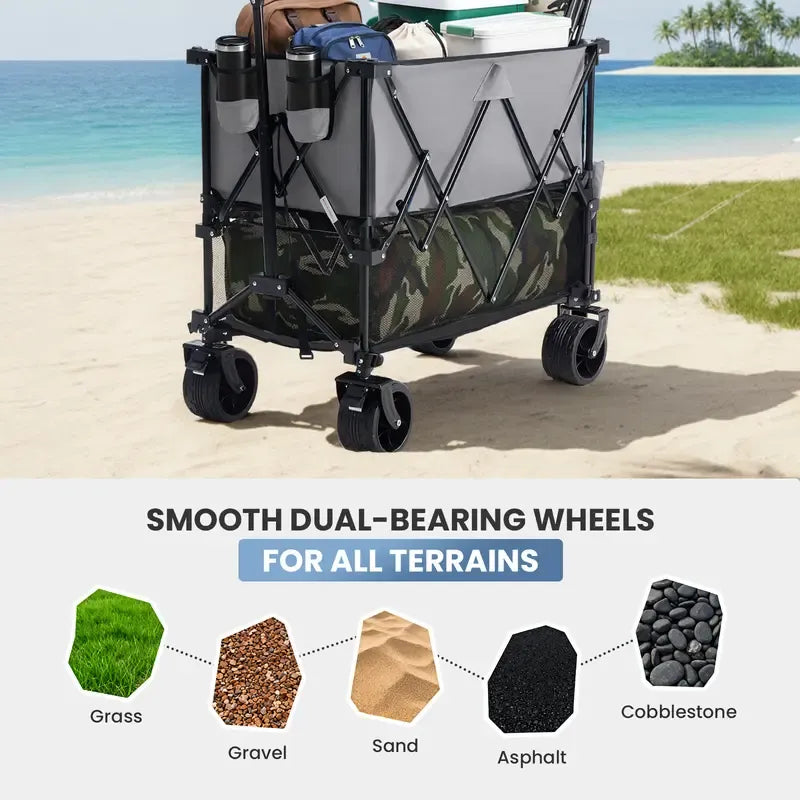 320L Outdoor Folding Double-Decker Wagon with Brakes, 440 lbs Capacity, Flexible Handle, All-Terrain Big Wheels, Compact Pack & Foldable Size for Grocery, Camping