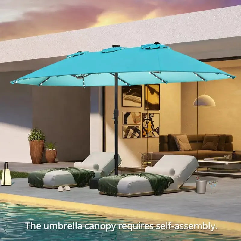 15/13Ft Solar Patio Umbrella with Base, Extra Large Outdoor Double-Sided Twin Umbrella with 36 LED Lights & Crank Handle for Garden, Deck, Poolside, Patio