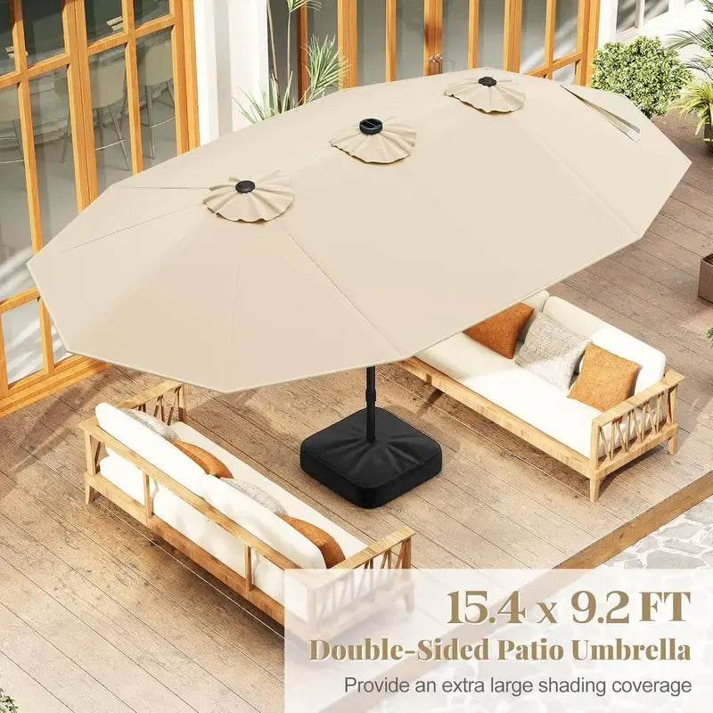 15/13Ft Solar Patio Umbrella with Base, Extra Large Outdoor Double-Sided Twin Umbrella with 36 LED Lights & Crank Handle for Garden, Deck, Poolside, Patio