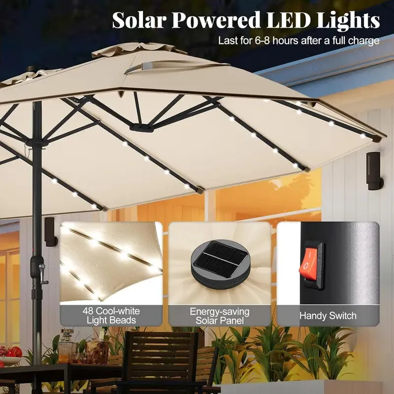 15/13Ft Solar Patio Umbrella with Base, Extra Large Outdoor Double-Sided Twin Umbrella with 36 LED Lights & Crank Handle for Garden, Deck, Poolside, Patio