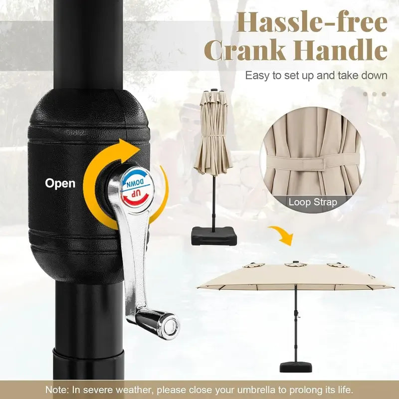 15/13Ft Solar Patio Umbrella with Base, Extra Large Outdoor Double-Sided Twin Umbrella with 36 LED Lights & Crank Handle for Garden, Deck, Poolside, Patio