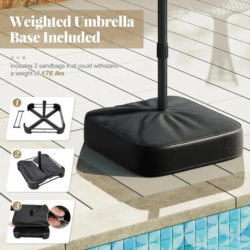 15/13Ft Solar Patio Umbrella with Base, Extra Large Outdoor Double-Sided Twin Umbrella with 36 LED Lights & Crank Handle for Garden, Deck, Poolside, Patio