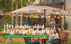 15/13Ft Solar Patio Umbrella with Base, Extra Large Outdoor Double-Sided Twin Umbrella with 36 LED Lights & Crank Handle for Garden, Deck, Poolside, Patio