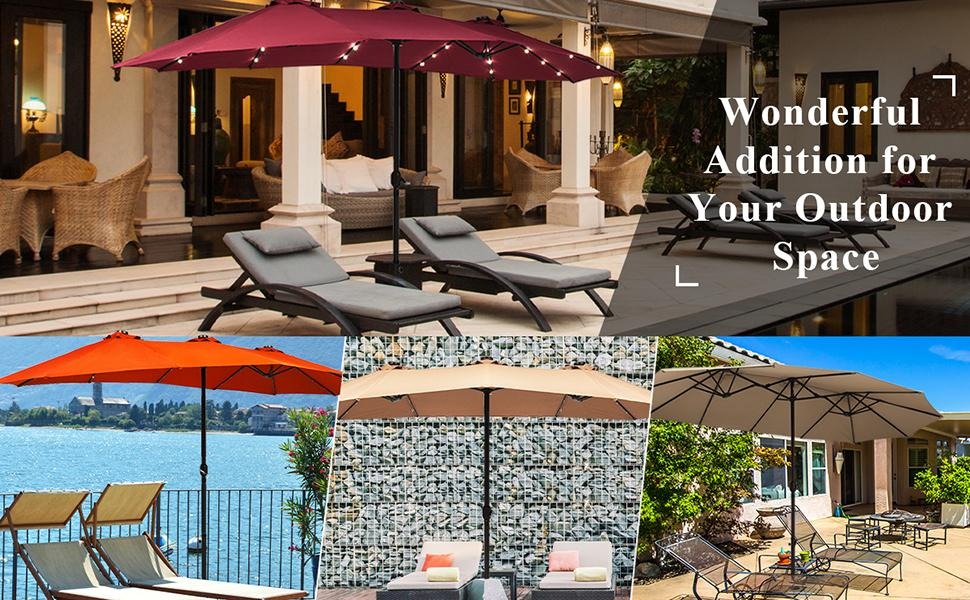 15/13Ft Solar Patio Umbrella with Base, Extra Large Outdoor Double-Sided Twin Umbrella with 36 LED Lights & Crank Handle for Garden, Deck, Poolside, Patio