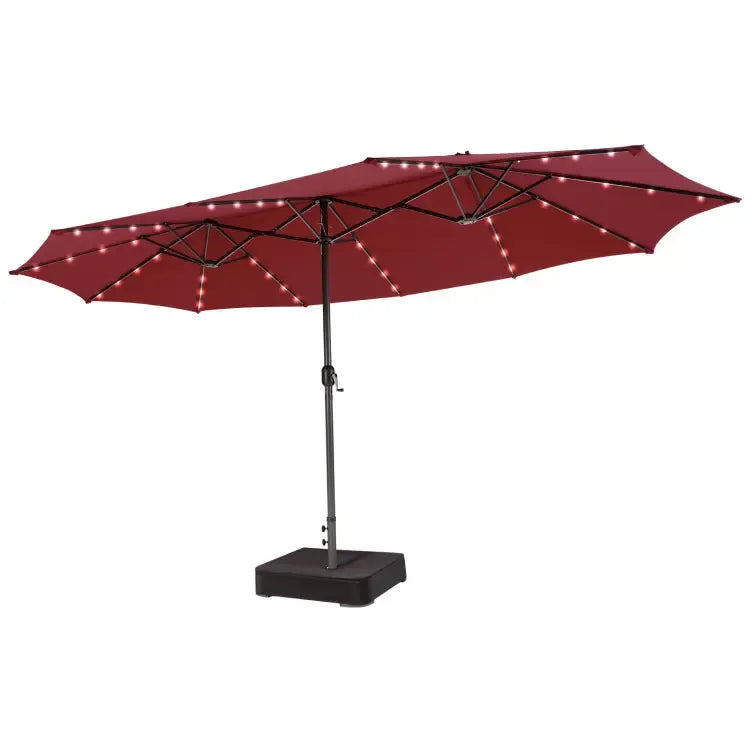 15/13Ft Solar Patio Umbrella with Base, Extra Large Outdoor Double-Sided Twin Umbrella with 36 LED Lights & Crank Handle for Garden, Deck, Poolside, Patio