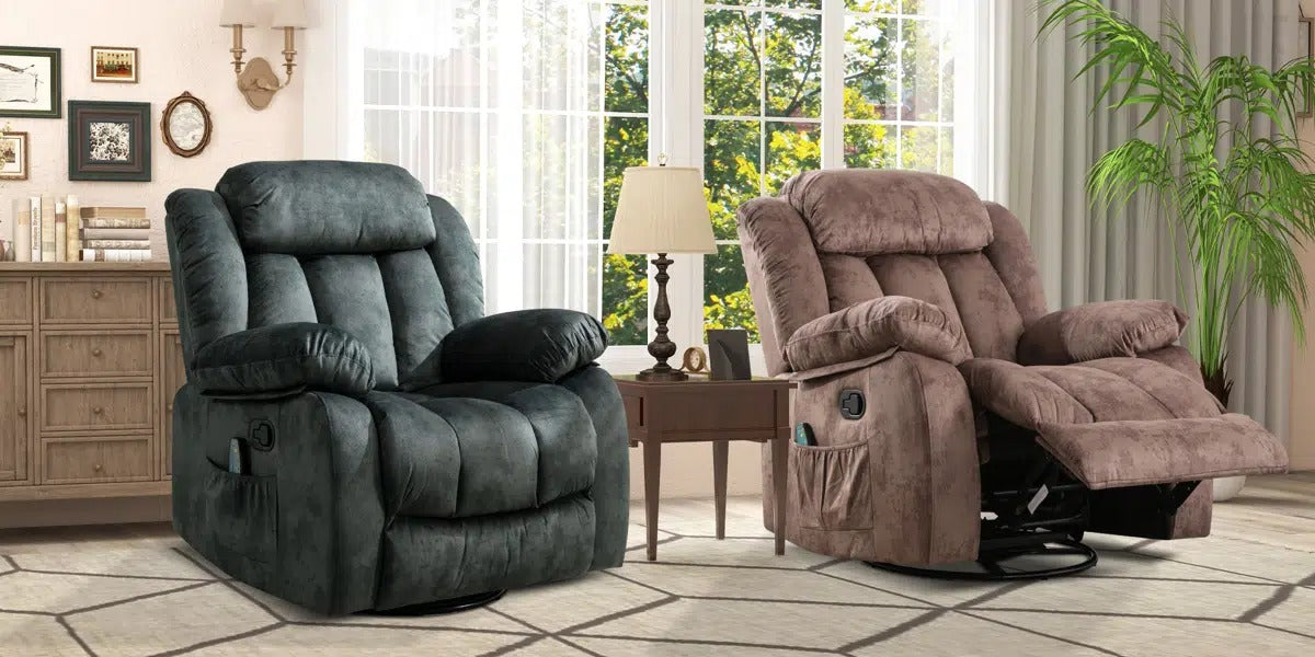 🔥 CLEARANCE SALE — 37.4" Wide Contemporary Compact Microfiber Swivel Rocker Manual Recliner Chair with Heat and Massage
