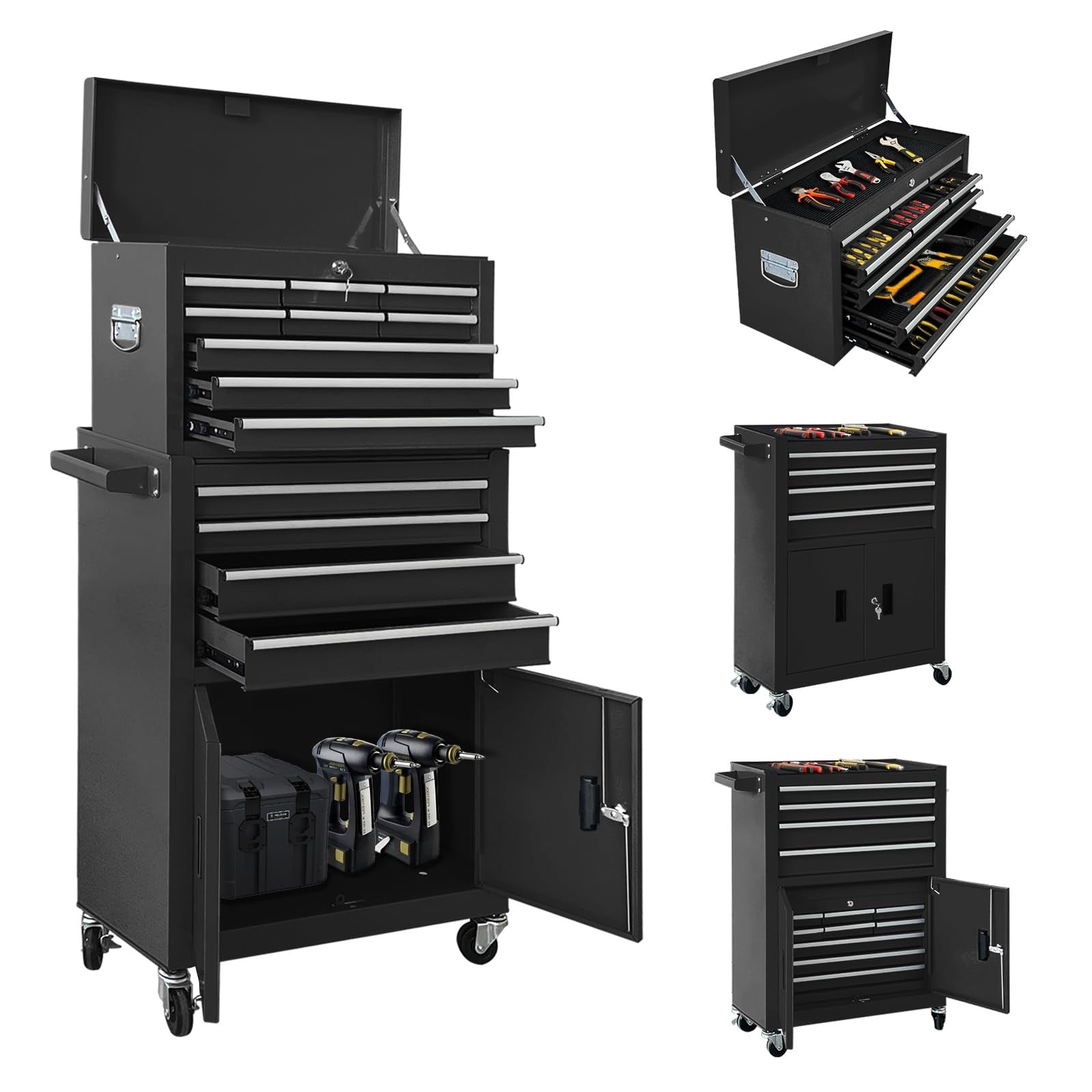 🔥CLEARANCE SALE｜13-Drawer Tool Chest with Double Door Handle,2 in 1 Detachable Rolling Tool Chests with Wheels and Drawers,Large Tool Box with Lock,Mobile Steel Tool Cabinet Storage