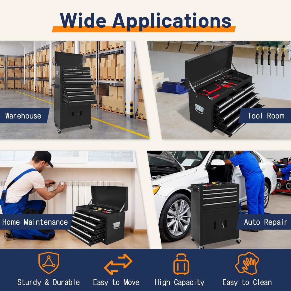 🔥CLEARANCE SALE｜13-Drawer Tool Chest with Double Door Handle,2 in 1 Detachable Rolling Tool Chests with Wheels and Drawers,Large Tool Box with Lock,Mobile Steel Tool Cabinet Storage