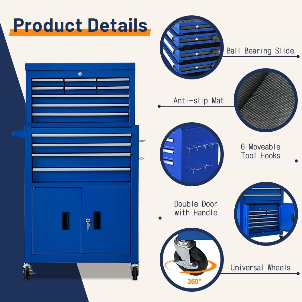🔥CLEARANCE SALE｜13-Drawer Tool Chest with Double Door Handle,2 in 1 Detachable Rolling Tool Chests with Wheels and Drawers,Large Tool Box with Lock,Mobile Steel Tool Cabinet Storage