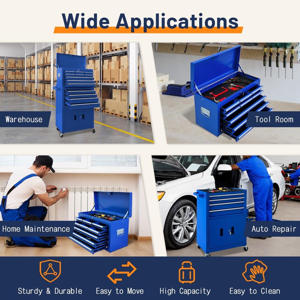 🔥CLEARANCE SALE｜13-Drawer Tool Chest with Double Door Handle,2 in 1 Detachable Rolling Tool Chests with Wheels and Drawers,Large Tool Box with Lock,Mobile Steel Tool Cabinet Storage