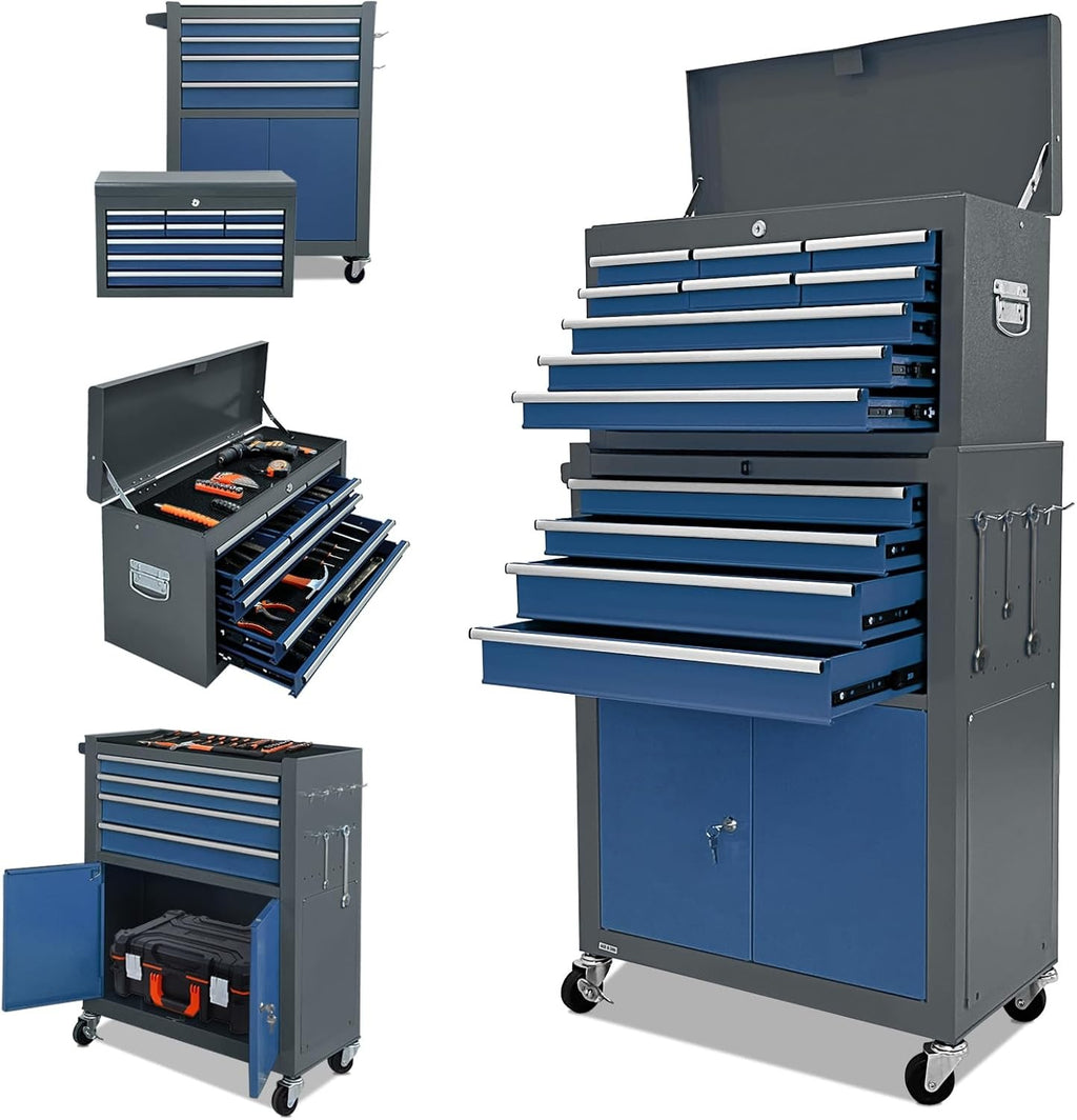 🔥CLEARANCE SALE｜13-Drawer Tool Chest with Double Door Handle,2 in 1 Detachable Rolling Tool Chests with Wheels and Drawers,Large Tool Box with Lock,Mobile Steel Tool Cabinet Storage