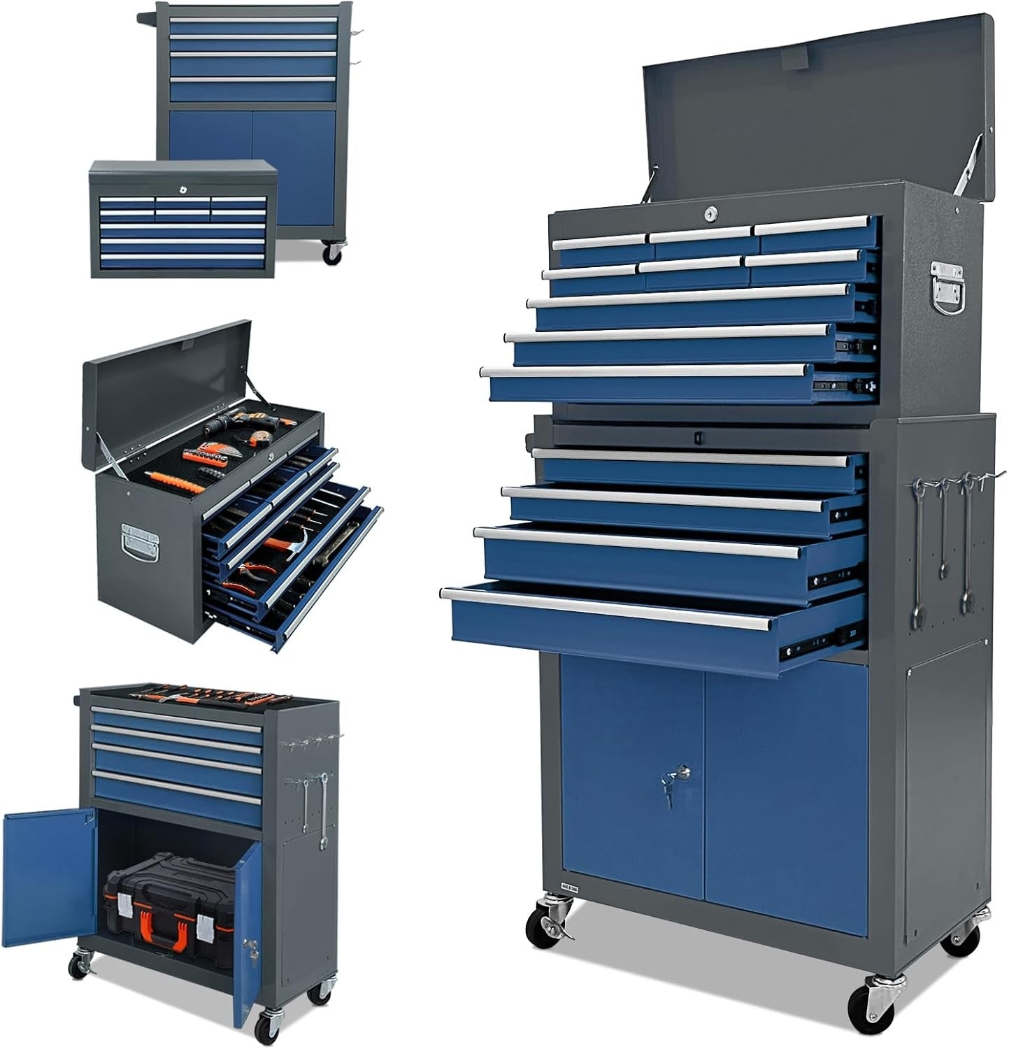 🔥CLEARANCE SALE｜13-Drawer Tool Chest with Double Door Handle,2 in 1 Detachable Rolling Tool Chests with Wheels and Drawers,Large Tool Box with Lock,Mobile Steel Tool Cabinet Storage