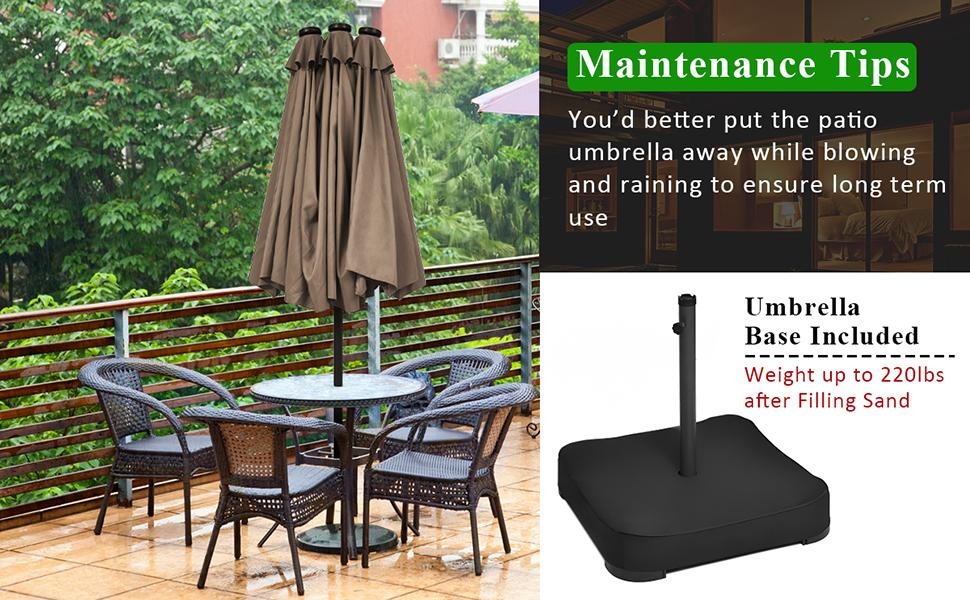 15/13Ft Solar Patio Umbrella with Base, Extra Large Outdoor Double-Sided Twin Umbrella with 36 LED Lights & Crank Handle for Garden, Deck, Poolside, Patio