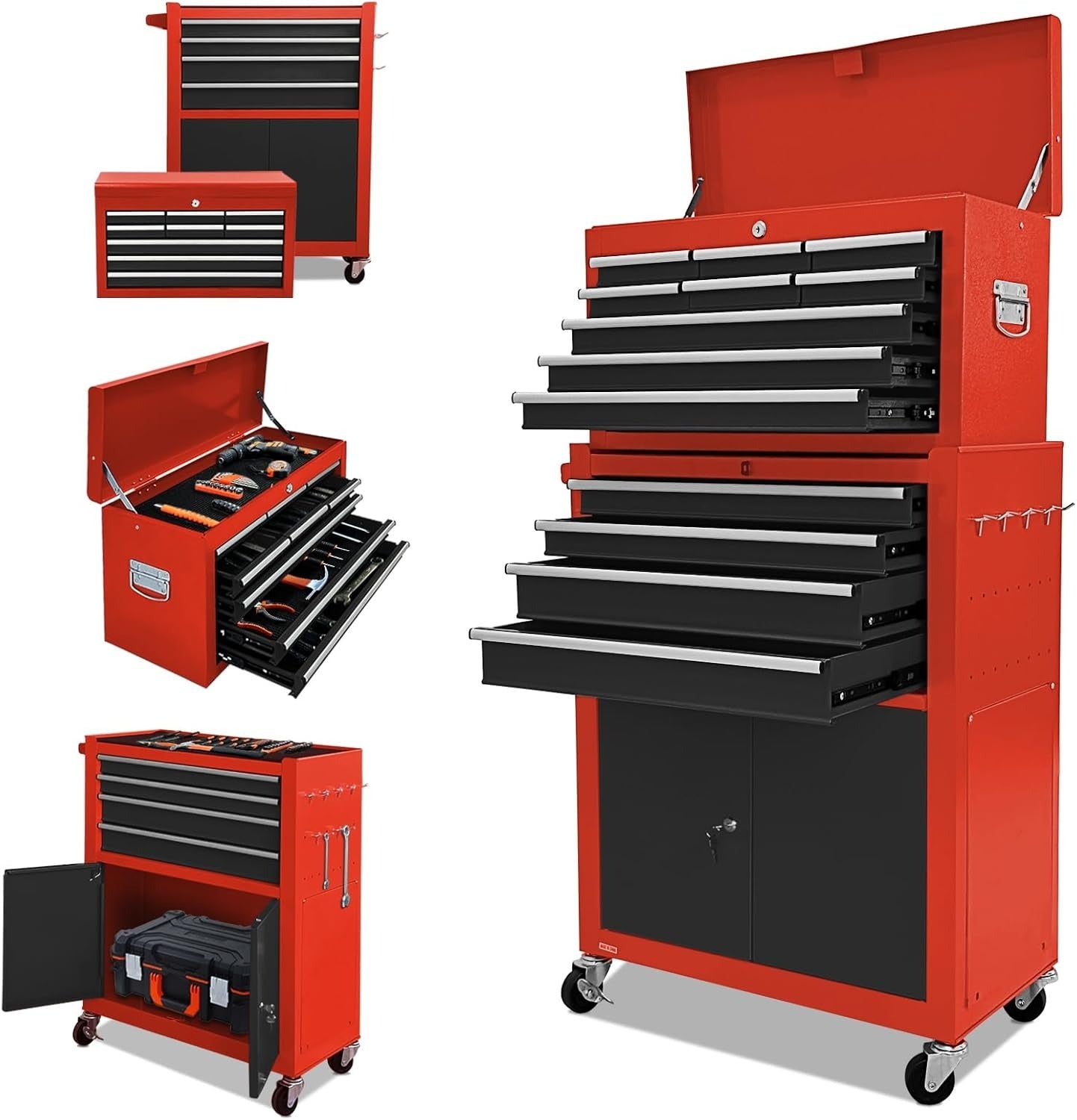 🔥CLEARANCE SALE｜13-Drawer Tool Chest with Double Door Handle,2 in 1 Detachable Rolling Tool Chests with Wheels and Drawers,Large Tool Box with Lock,Mobile Steel Tool Cabinet Storage