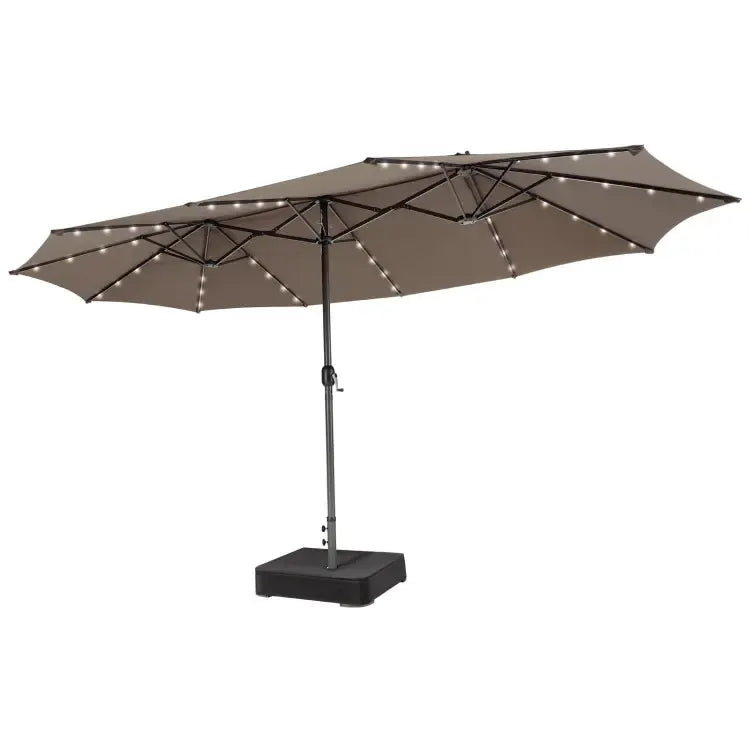 15/13Ft Solar Patio Umbrella with Base, Extra Large Outdoor Double-Sided Twin Umbrella with 36 LED Lights & Crank Handle for Garden, Deck, Poolside, Patio