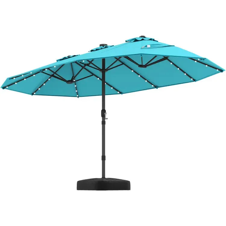 15/13Ft Solar Patio Umbrella with Base, Extra Large Outdoor Double-Sided Twin Umbrella with 36 LED Lights & Crank Handle for Garden, Deck, Poolside, Patio
