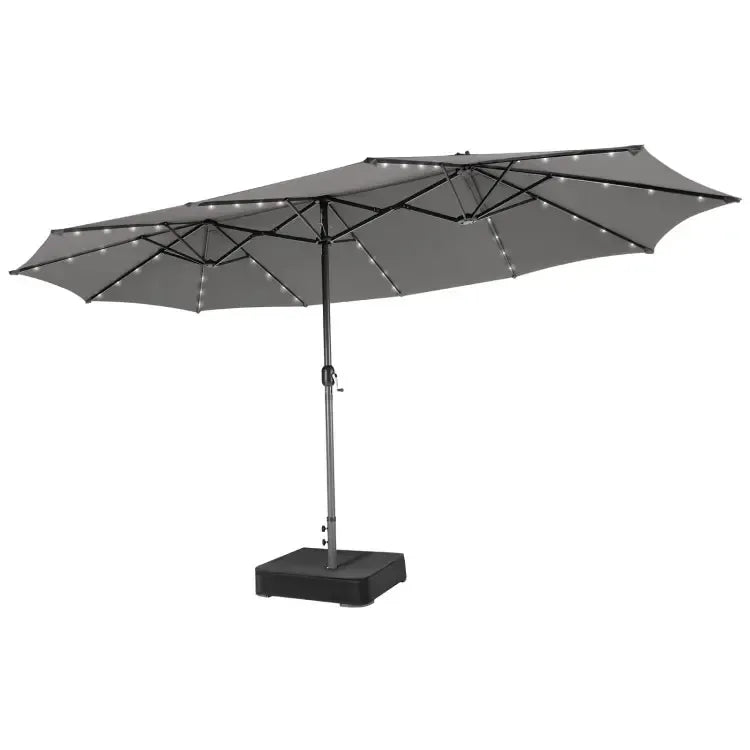 15/13Ft Solar Patio Umbrella with Base, Extra Large Outdoor Double-Sided Twin Umbrella with 36 LED Lights & Crank Handle for Garden, Deck, Poolside, Patio