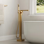 Freestanding Bathtub Faucet with 360° Swivel Spout, Single Handle Tub Filler With Hand Shower, Modern Gold Floor-Mount Tub Faucet Set with Valve